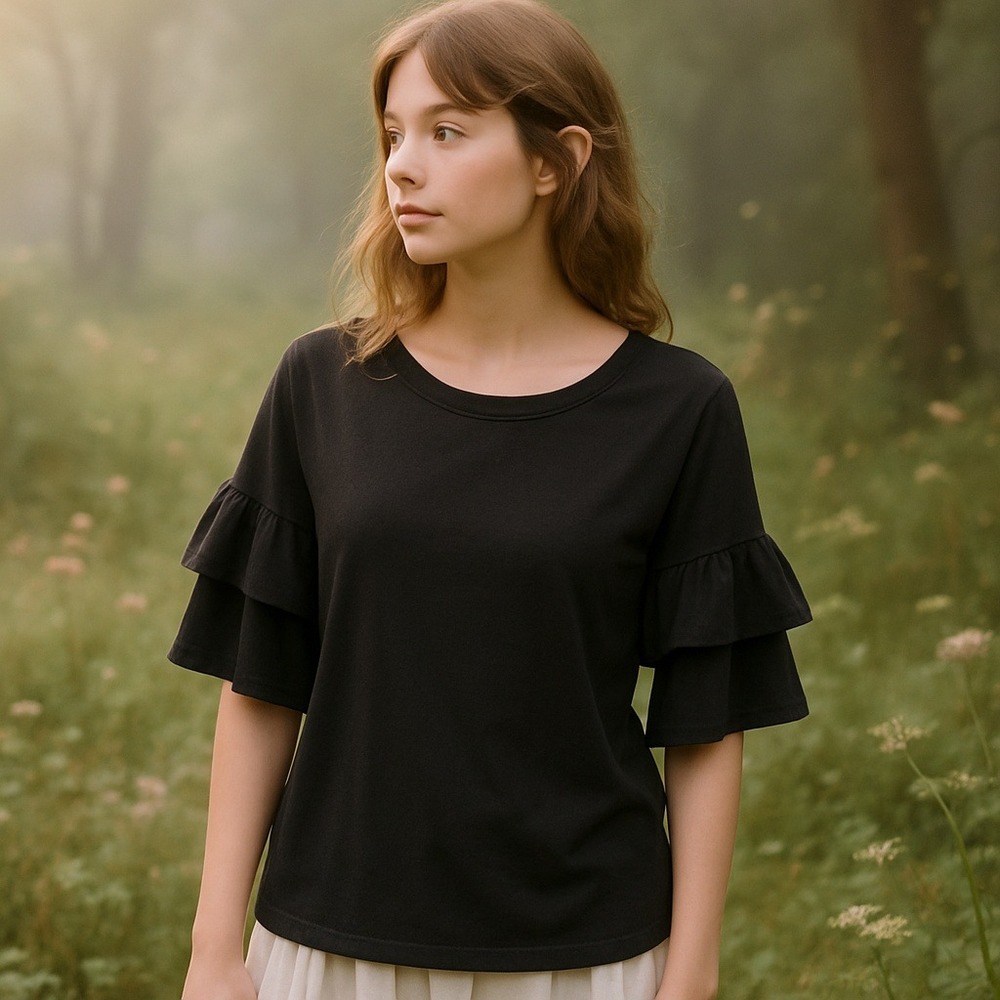 H&M Shirt Top Women Medium Black Ruffle Sleeve 100% Cotton Coquette Chic Capsule